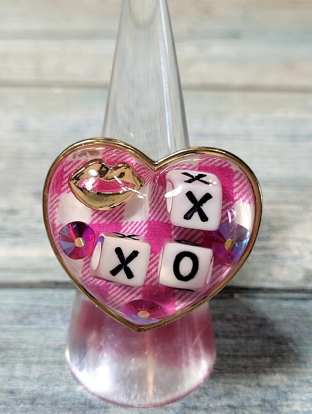 Betsey Johnson Heart Charm Ring with Pink Check Pattern XO Dice
